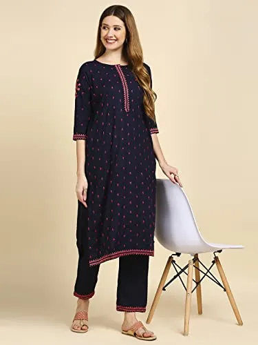 anubhutee Women's Rayon Navy Blue Mirror Work Ethnic Motifs Embroidered Straight Kurta Suit Set With Palazzo