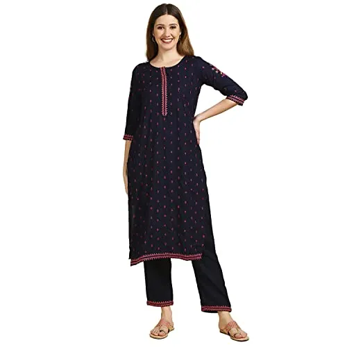 anubhutee Women's Rayon Navy Blue Mirror Work Ethnic Motifs Embroidered Straight Kurta Suit Set With Palazzo