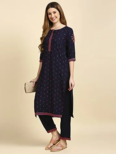 anubhutee Women's Rayon Navy Blue Mirror Work Ethnic Motifs Embroidered Straight Kurta Suit Set With Palazzo