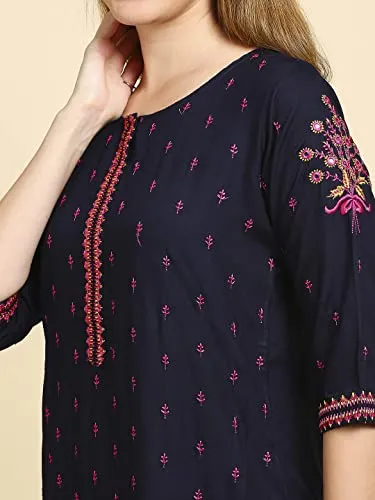 anubhutee Women's Rayon Navy Blue Mirror Work Ethnic Motifs Embroidered Straight Kurta Suit Set With Palazzo