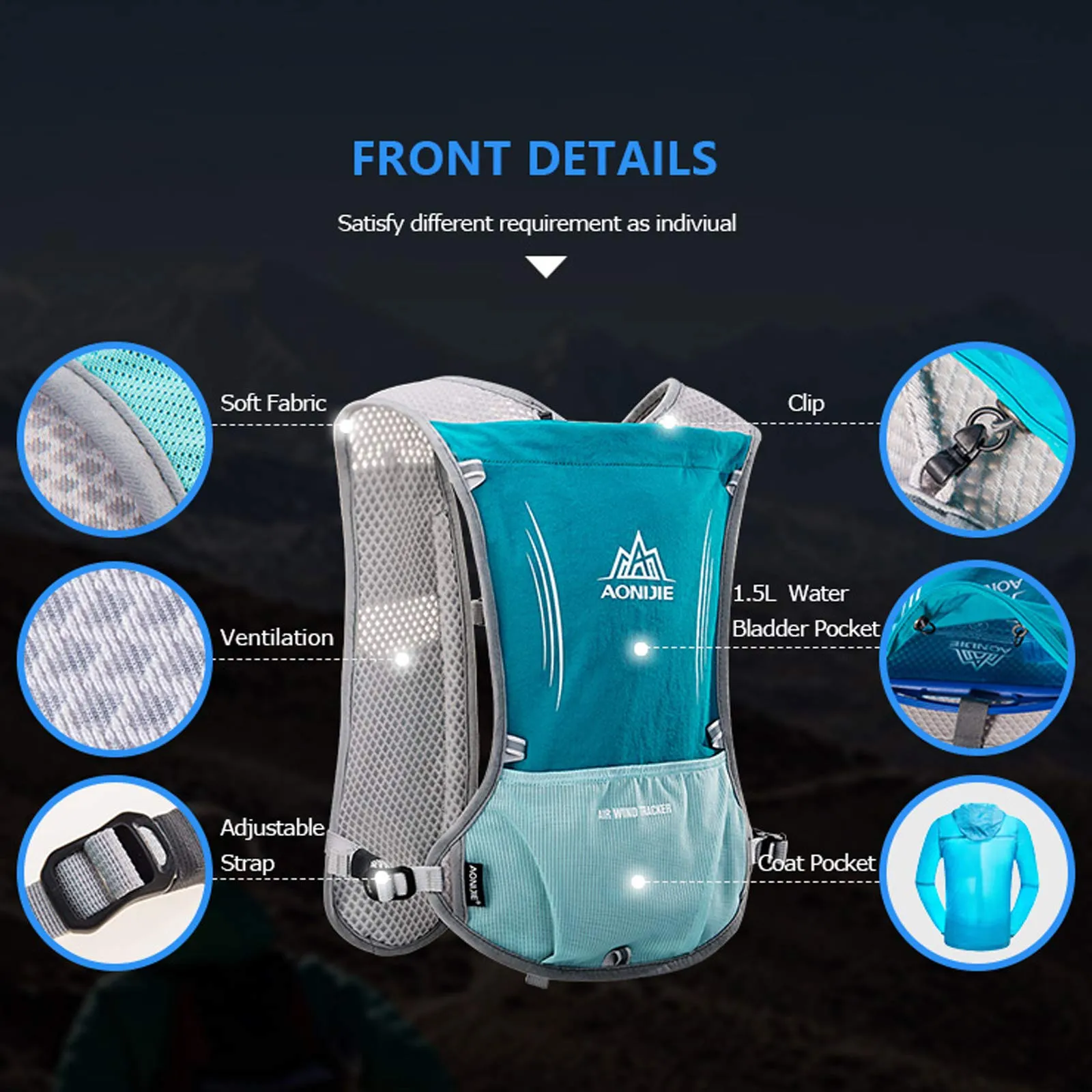 AONIJIE Hydration Backpack Vest, 5L Capacity with 1.5L Water Bladder, Multi-Pocket Design, Breathable and Lightweight, Pack for Outdoor Sports - Running, Cycling, Climbing and Hiking, Mint Green