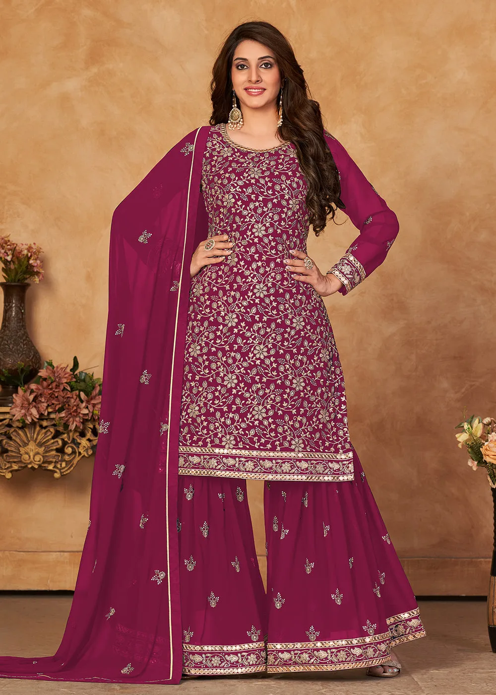 Appealing Magenta Pink Embroidered Ceremonial Gharara Suit