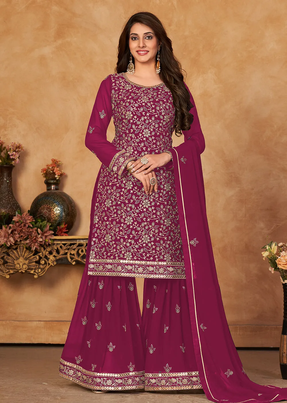 Appealing Magenta Pink Embroidered Ceremonial Gharara Suit