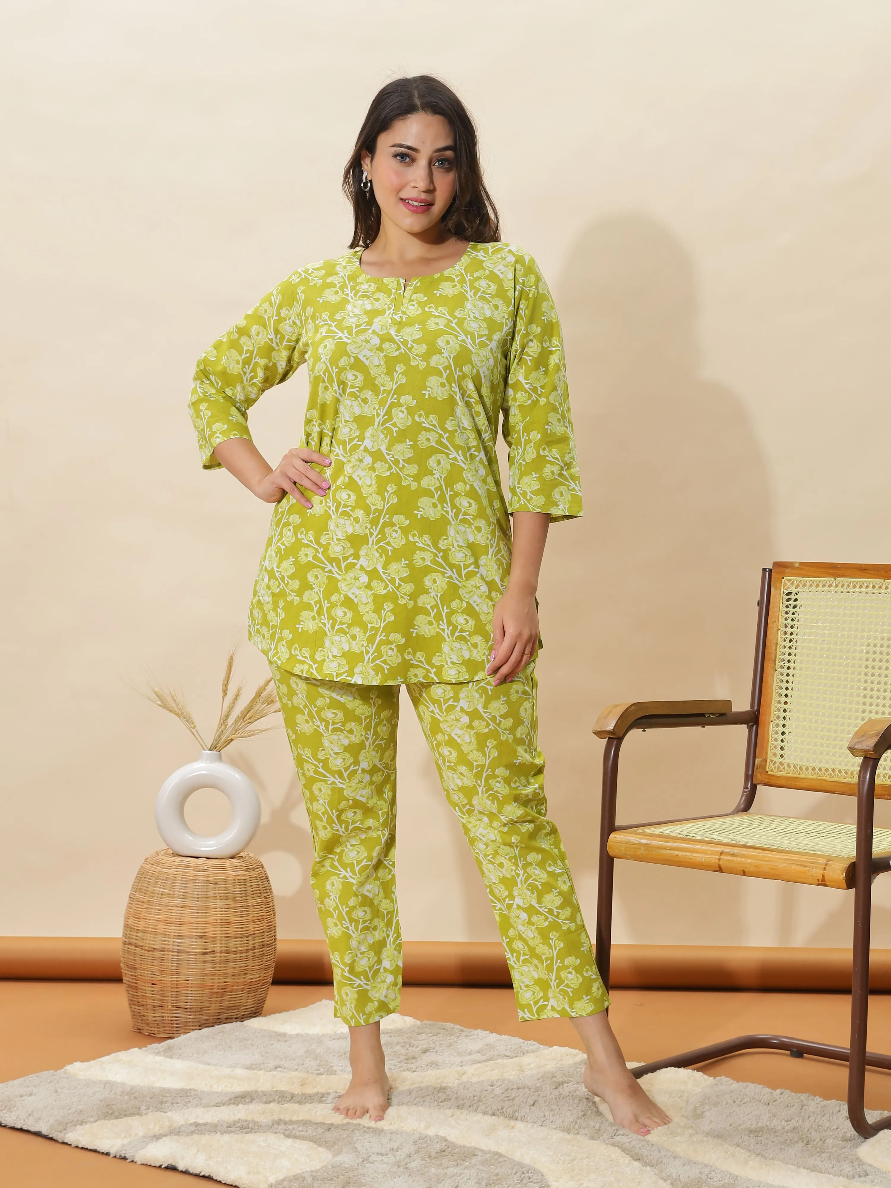 Apple Green Floral Cotton Pyjama Set for Women With Stylish & Comfortable