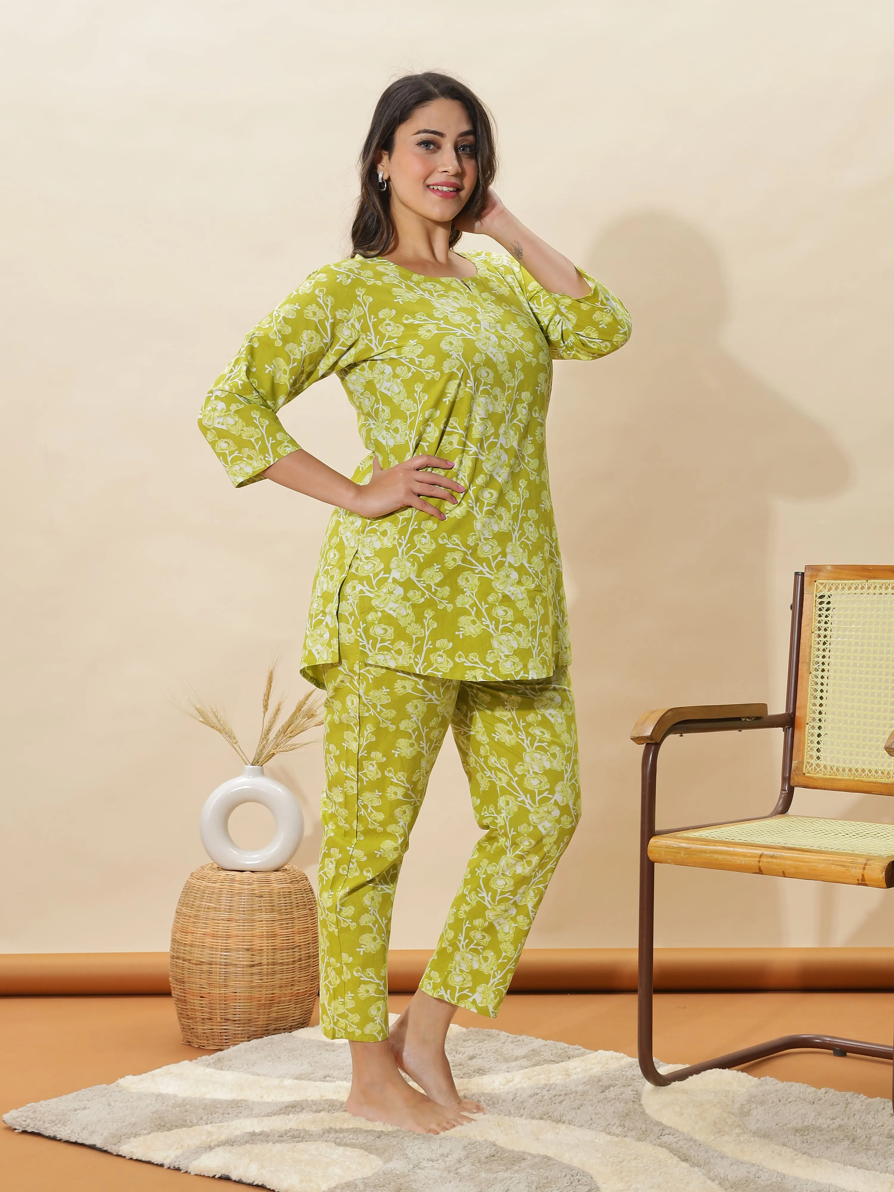 Apple Green Floral Cotton Pyjama Set for Women With Stylish & Comfortable