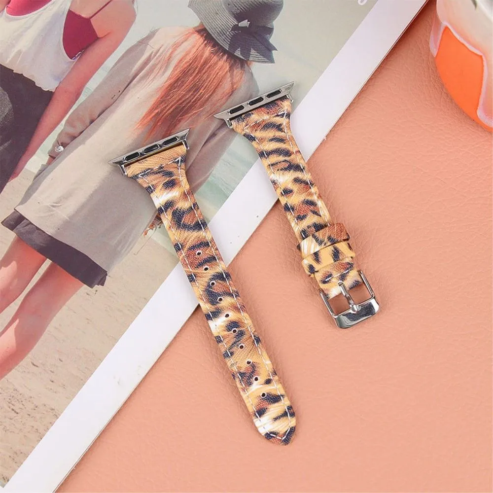 Apple Watch (41mm) leopard pattern cowhide genuine leather watch strap - Brown / Black Leopard