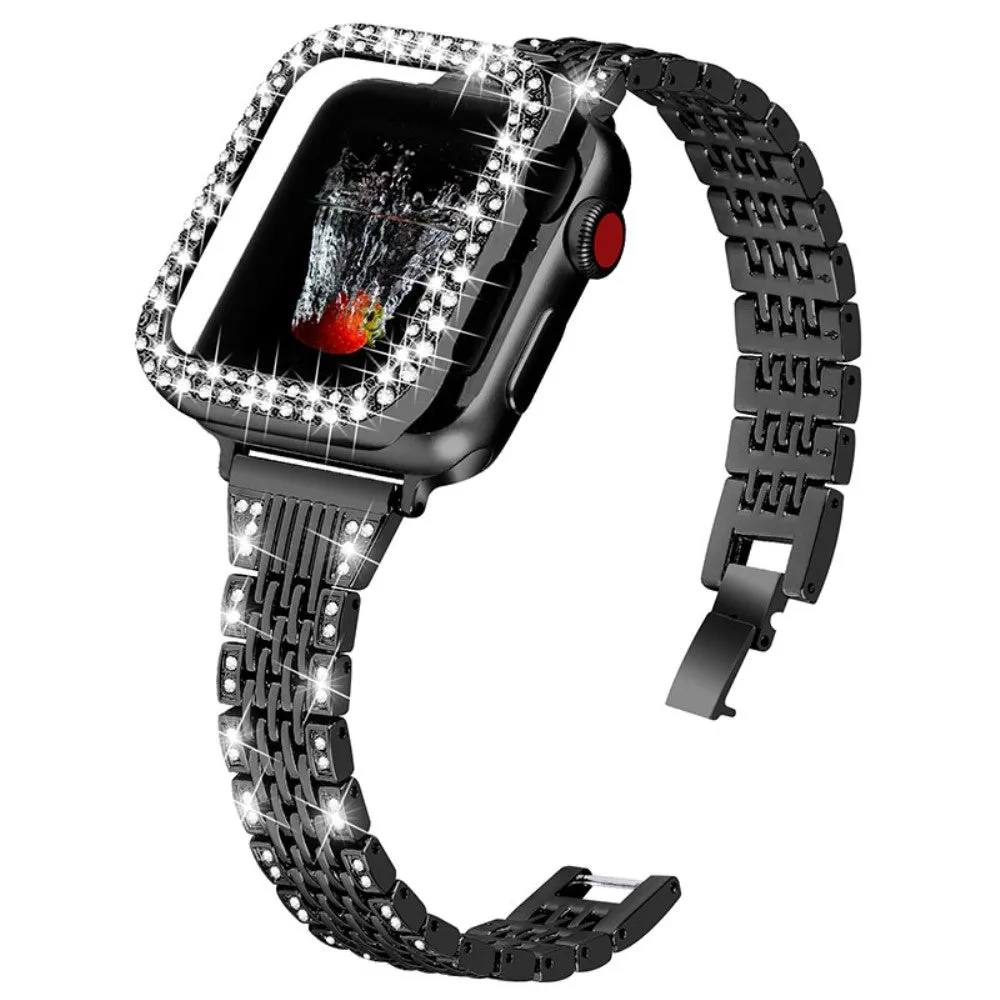 Apple Watch (45mm) 7 bead rhinestone décor in stainless steel watch strap - Black