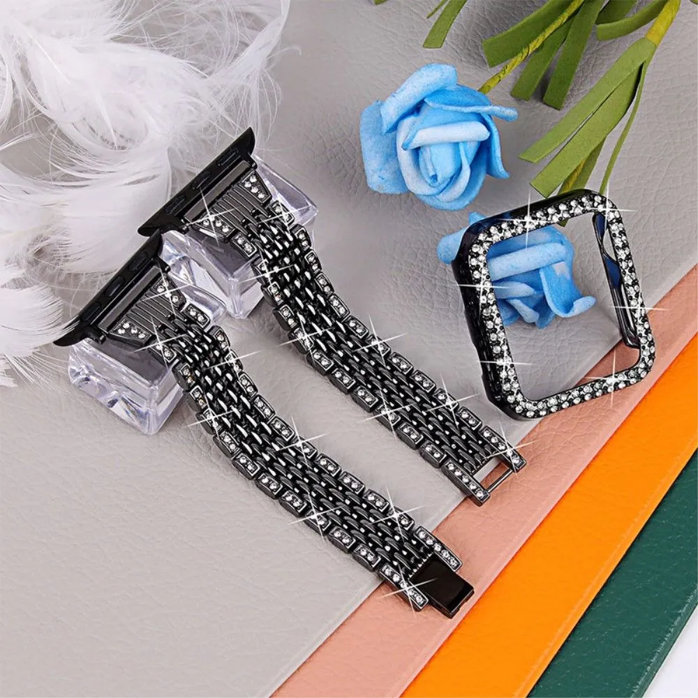 Apple Watch (45mm) 7 bead rhinestone décor in stainless steel watch strap - Black