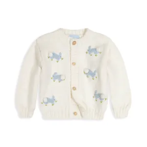 Applique Bunny Cardigan -- Ivory w/ Sky Blue Bunnies