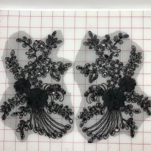 Applique - Sequined Lace Motif Pairs Black Close-Out