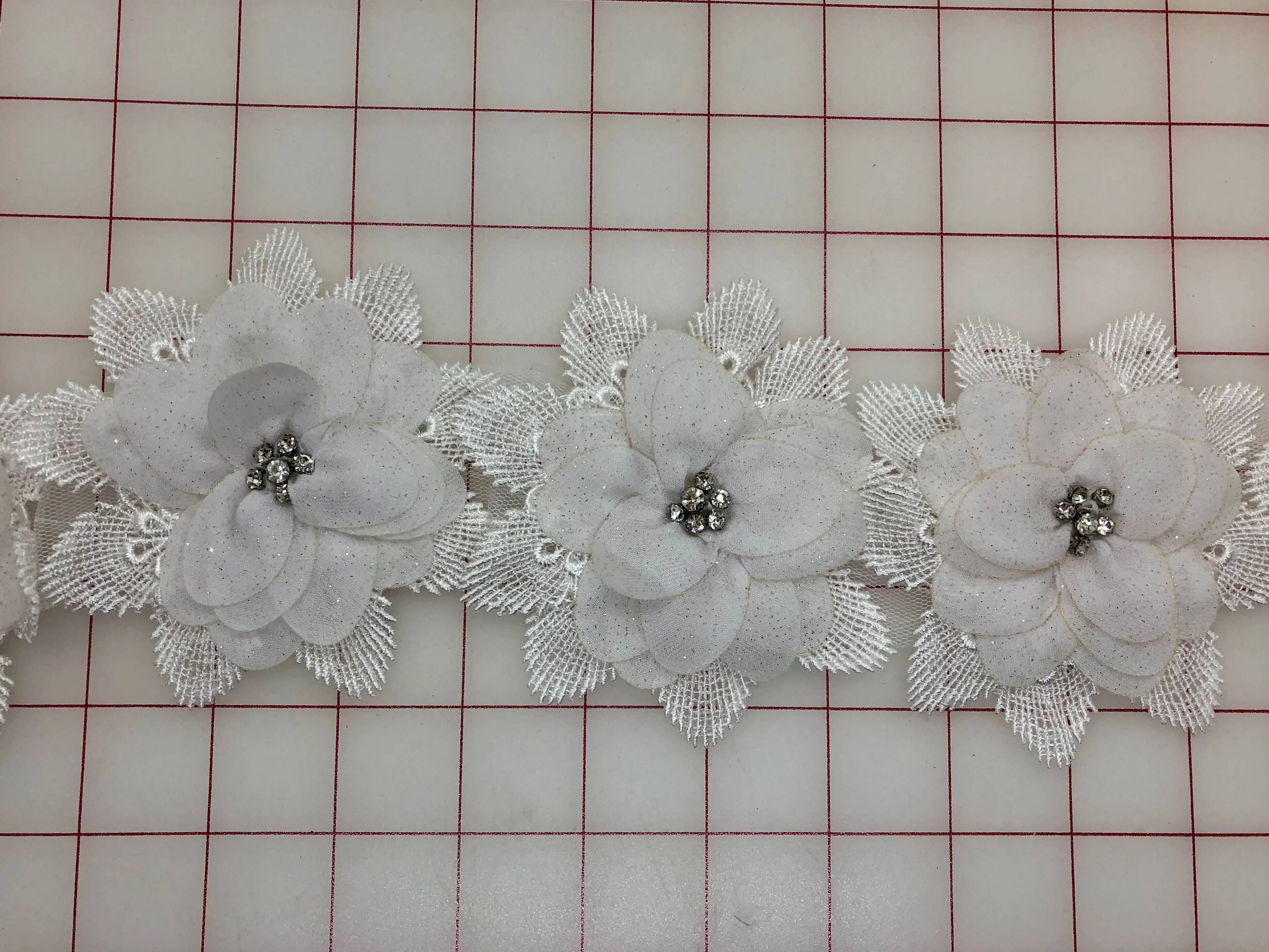 Applique - White 3D Lace Flower Motifs with Crystal Rhinestone Centers