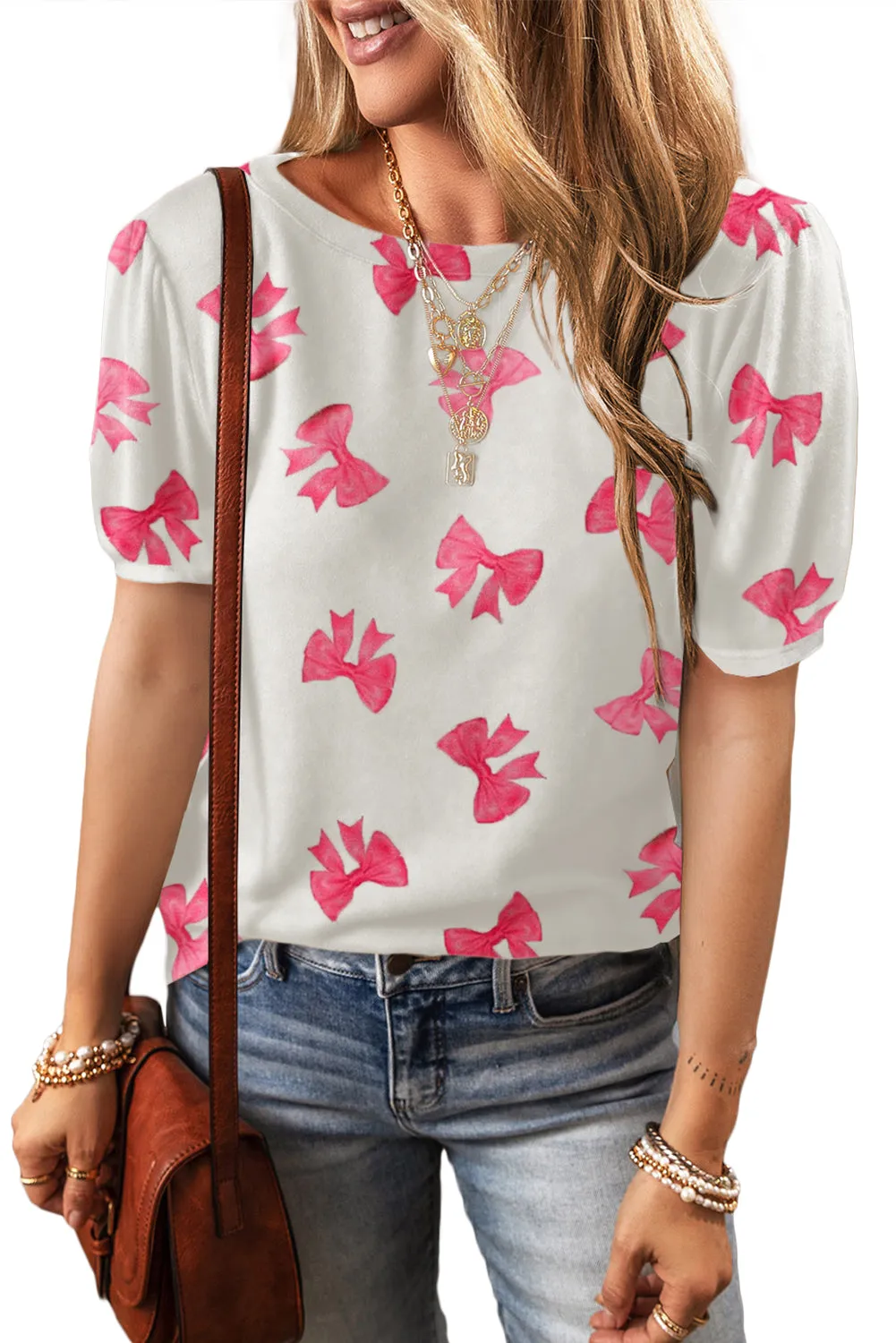 Apricot Colorful Flower Print Bubble Sleeve Tee