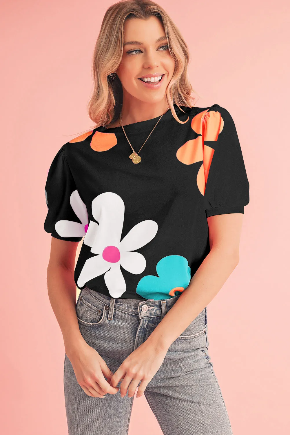 Apricot Colorful Flower Print Bubble Sleeve Tee