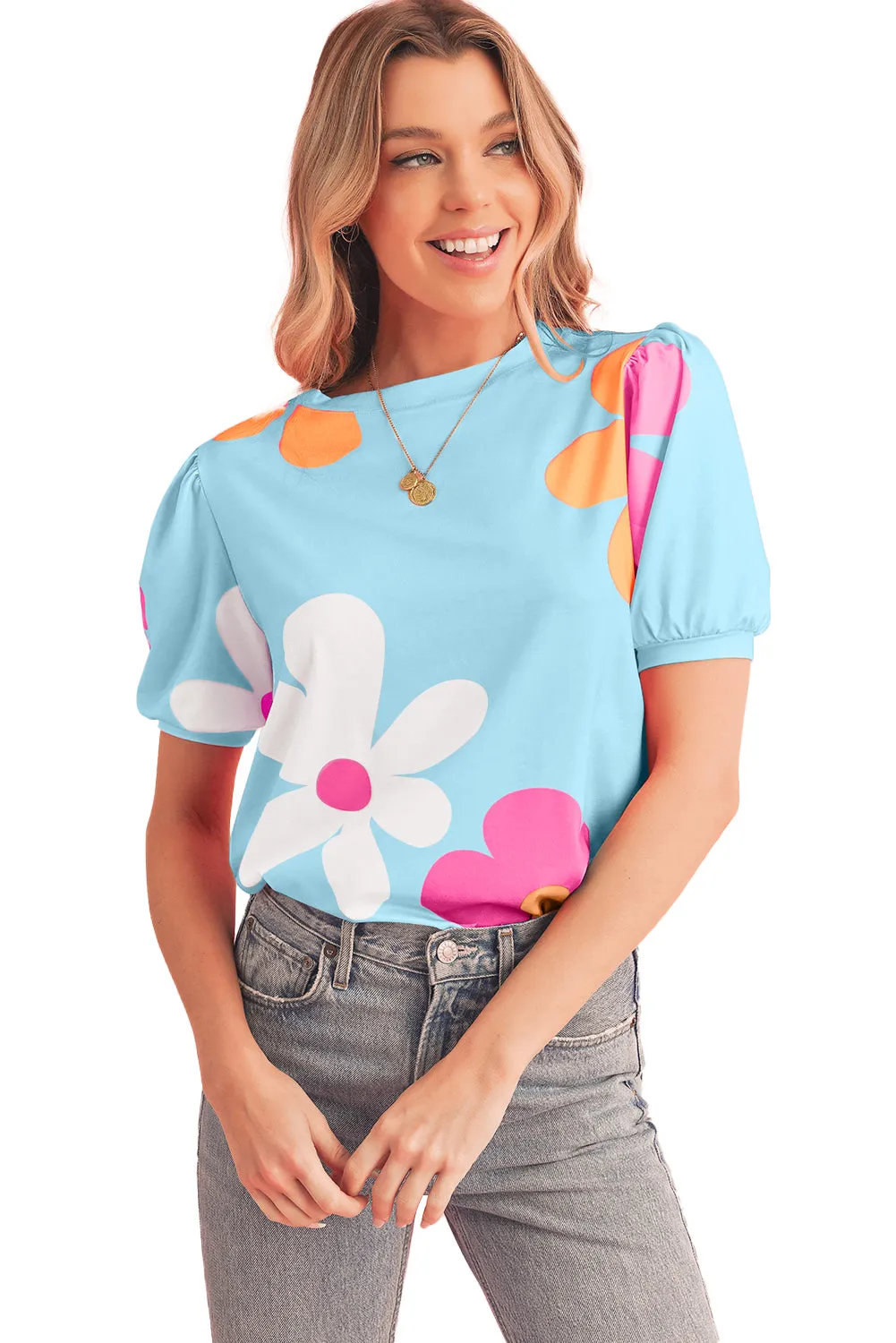 Apricot Colorful Flower Print Bubble Sleeve Tee