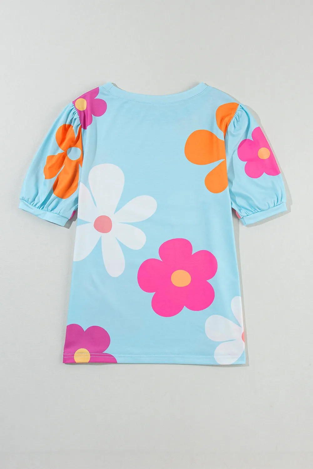 Apricot Colorful Flower Print Bubble Sleeve Tee