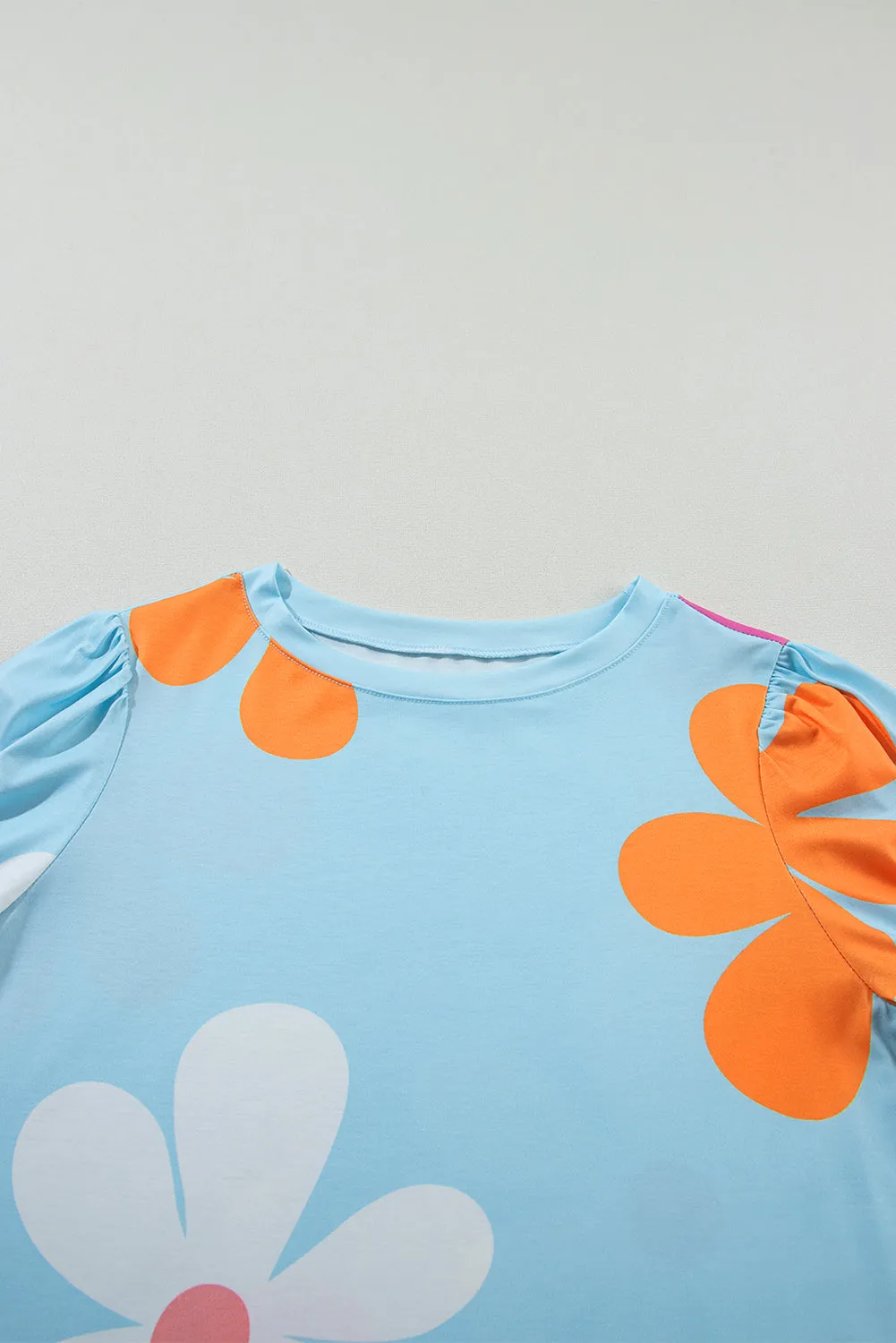 Apricot Colorful Flower Print Bubble Sleeve Tee