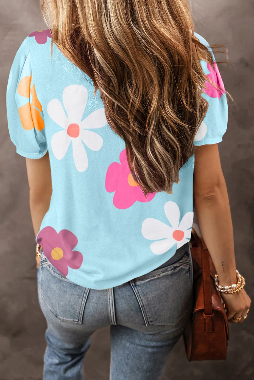 Apricot Colorful Flower Print Bubble Sleeve Tee