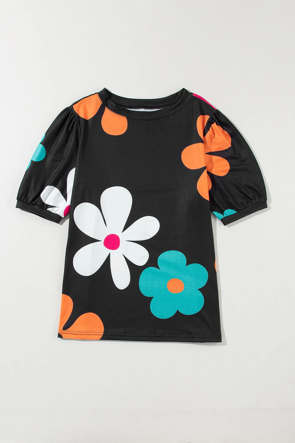 Apricot Colorful Flower Print Bubble Sleeve Tee