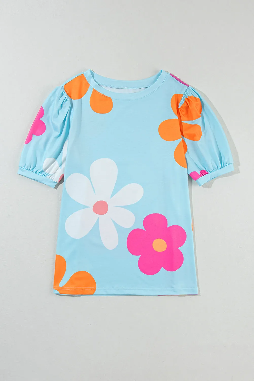 Apricot Colorful Flower Print Bubble Sleeve Tee