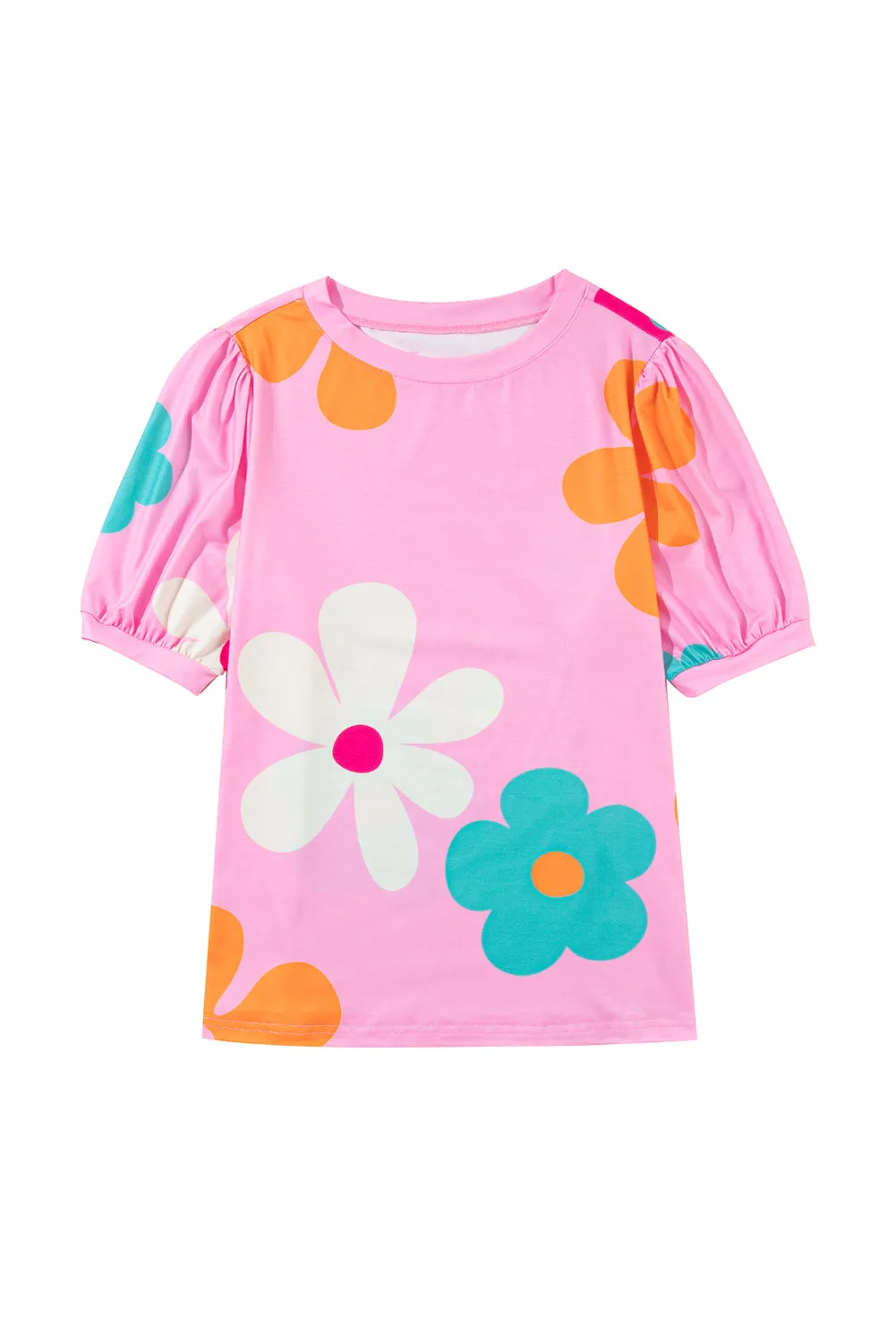 Apricot Colorful Flower Print Bubble Sleeve Tee