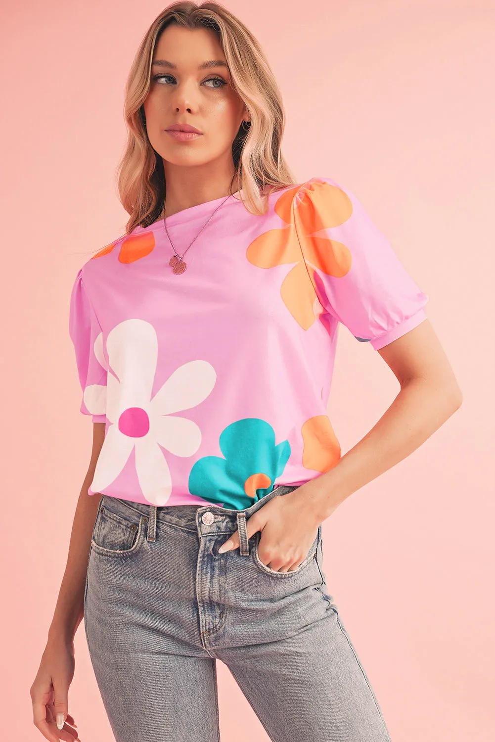 Apricot Colorful Flower Print Bubble Sleeve Tee