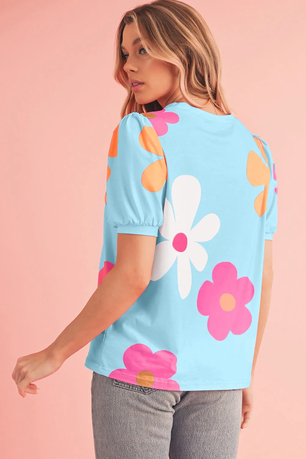 Apricot Colorful Flower Print Bubble Sleeve Tee