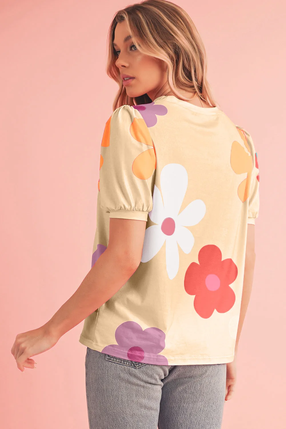 Apricot Colorful Flower Print Bubble Sleeve Tee