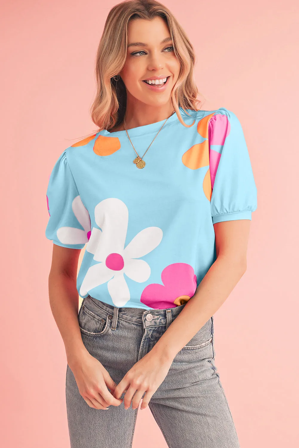 Apricot Colorful Flower Print Bubble Sleeve Tee