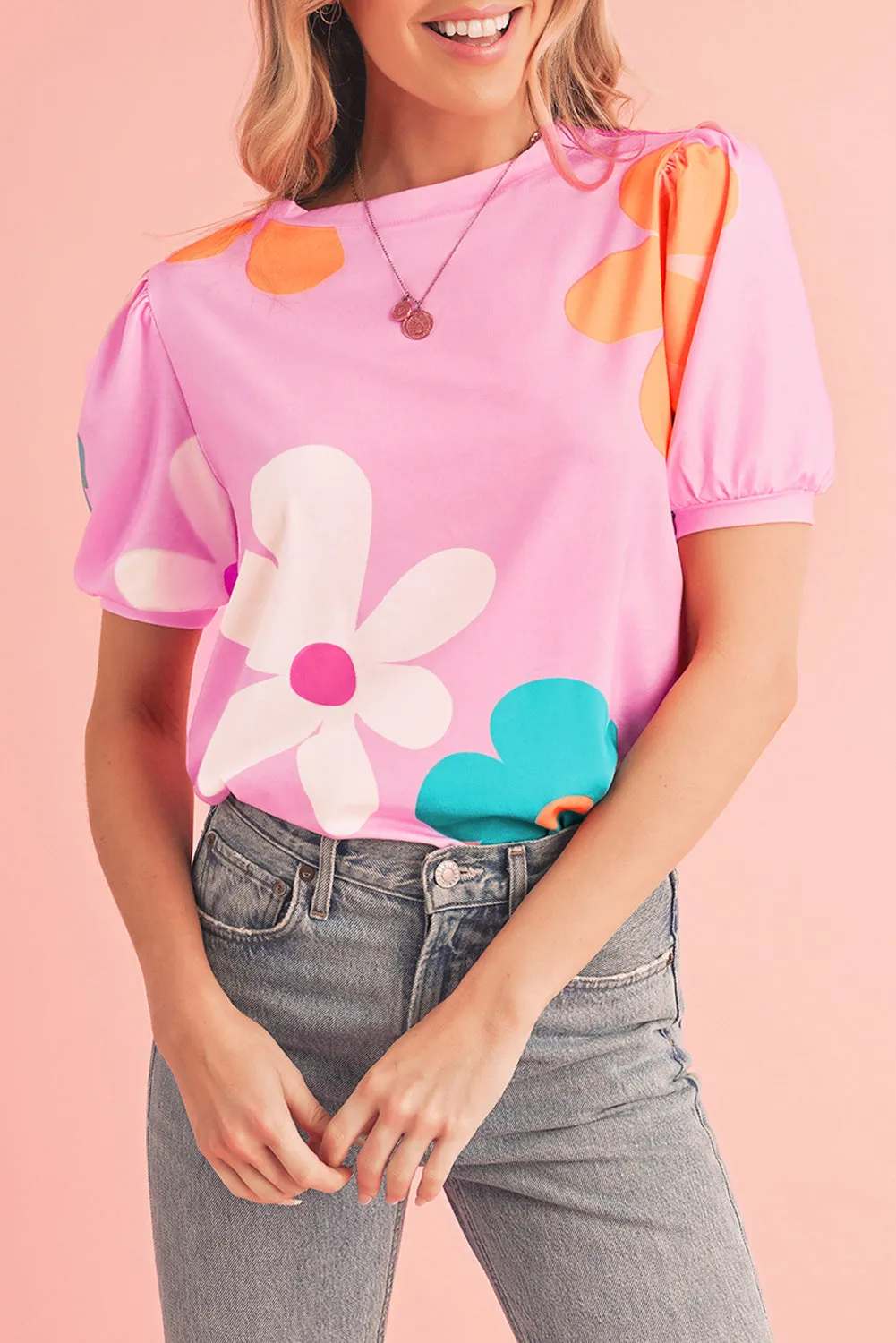 Apricot Colorful Flower Print Bubble Sleeve Tee