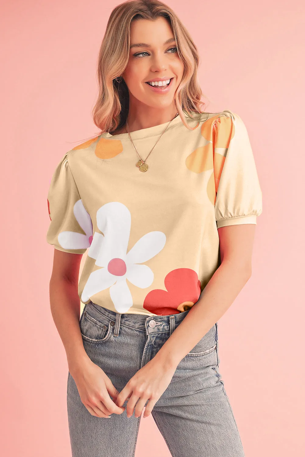 Apricot Colorful Flower Print Bubble Sleeve Tee