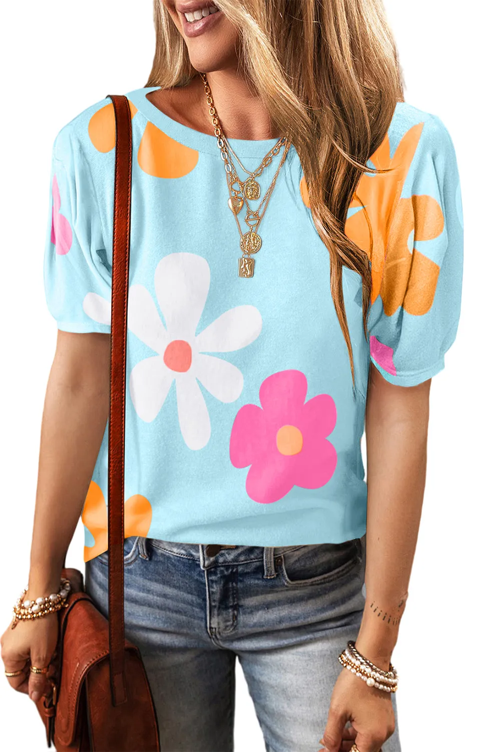 Apricot Colorful Flower Print Bubble Sleeve Tee