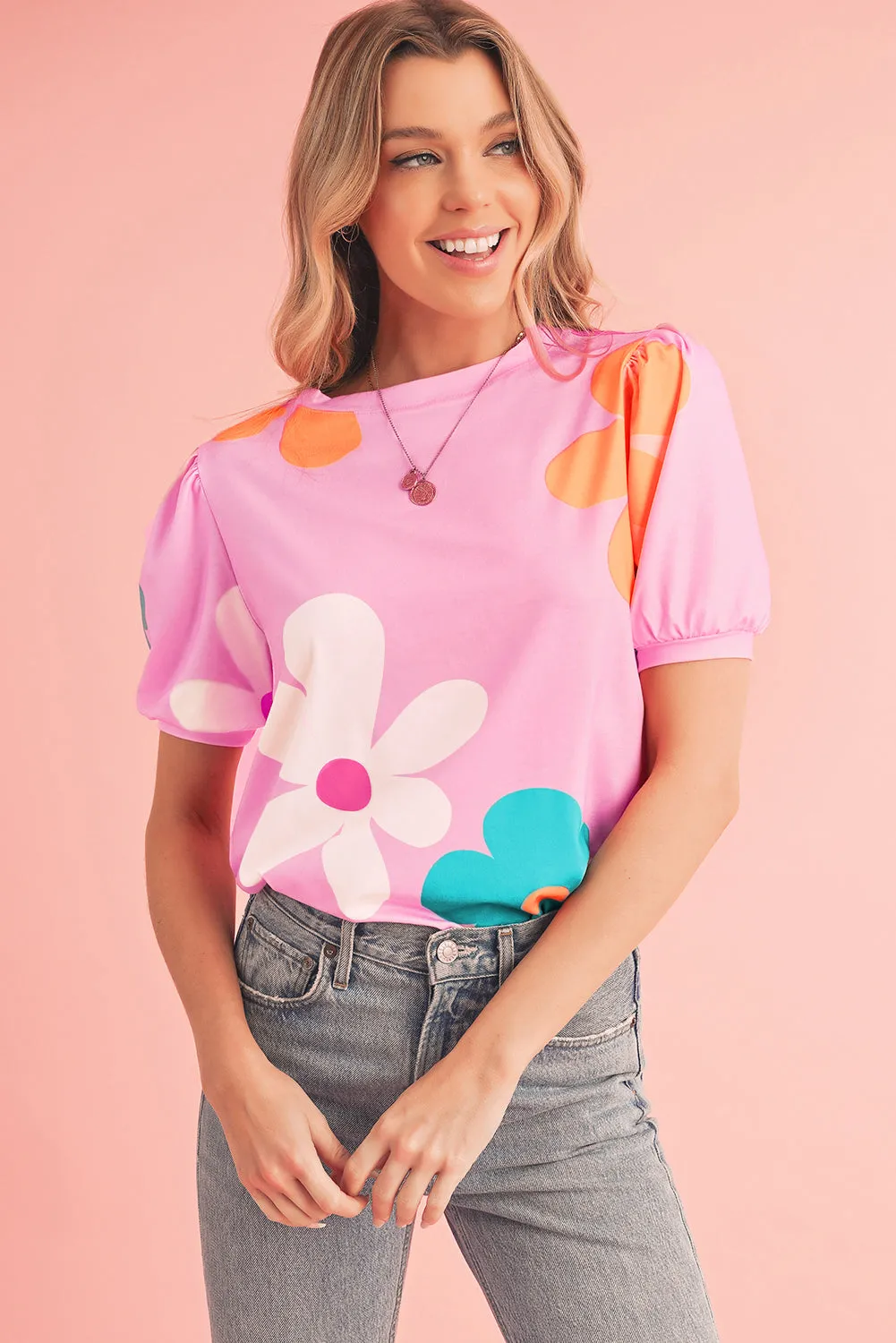 Apricot Colorful Flower Print Bubble Sleeve Tee