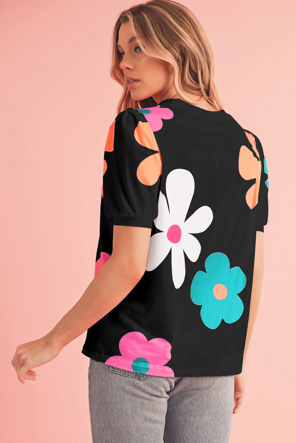 Apricot Colorful Flower Print Bubble Sleeve Tee