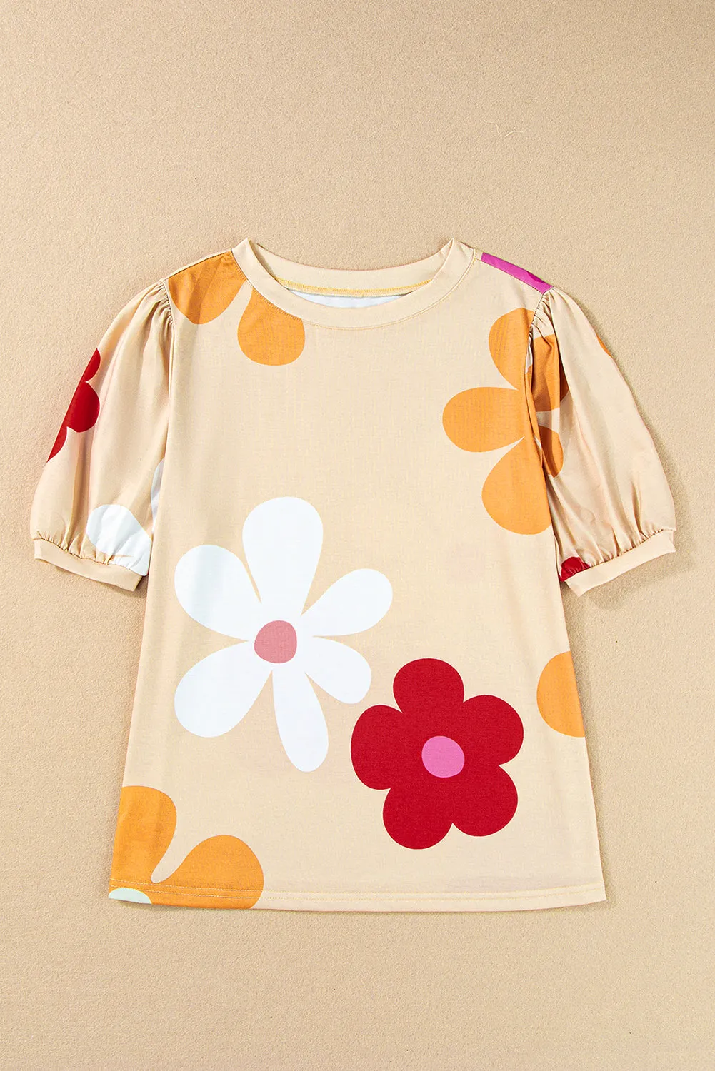 Apricot Colorful Flower Print Bubble Sleeve Tee