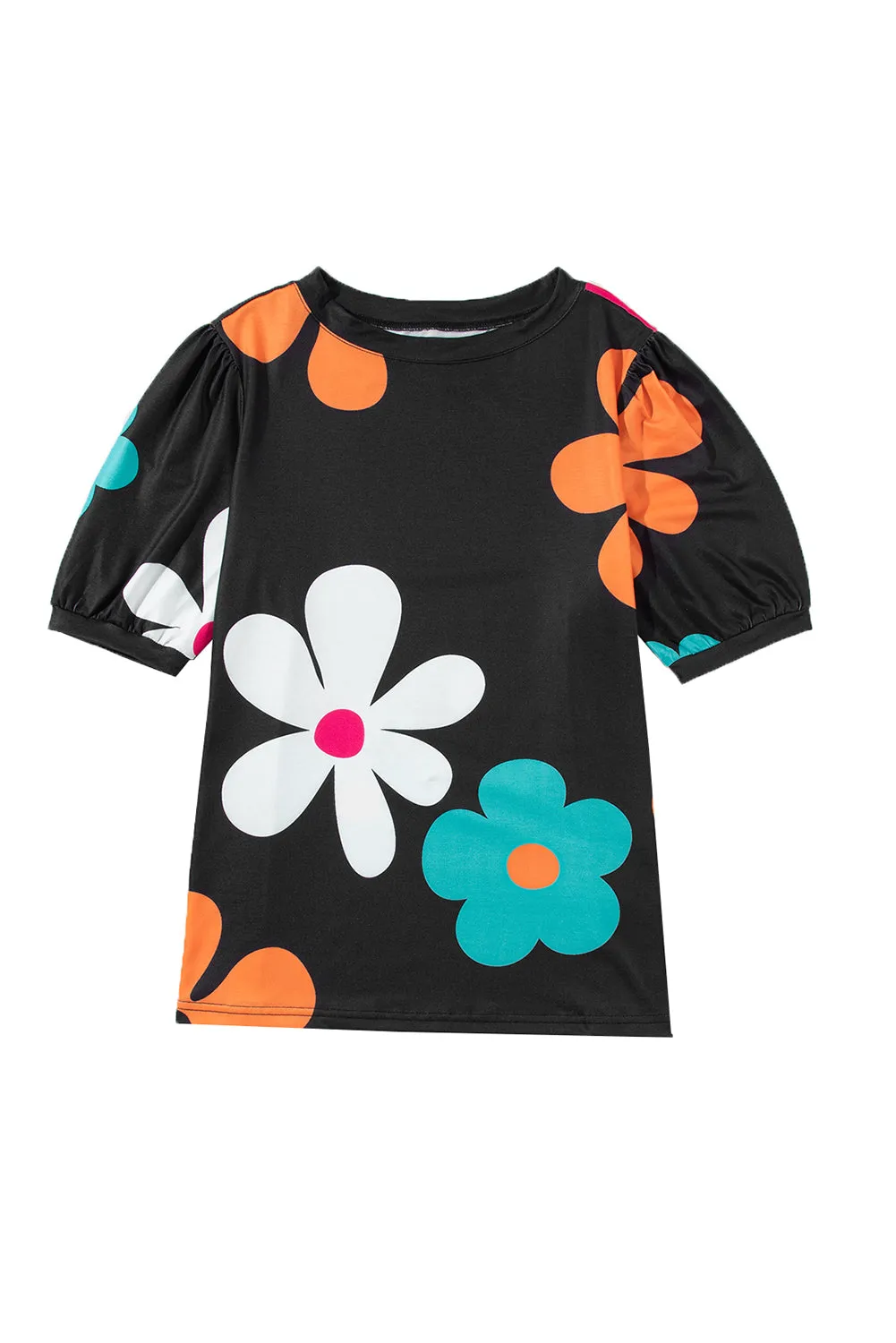 Apricot Colorful Flower Print Bubble Sleeve Tee