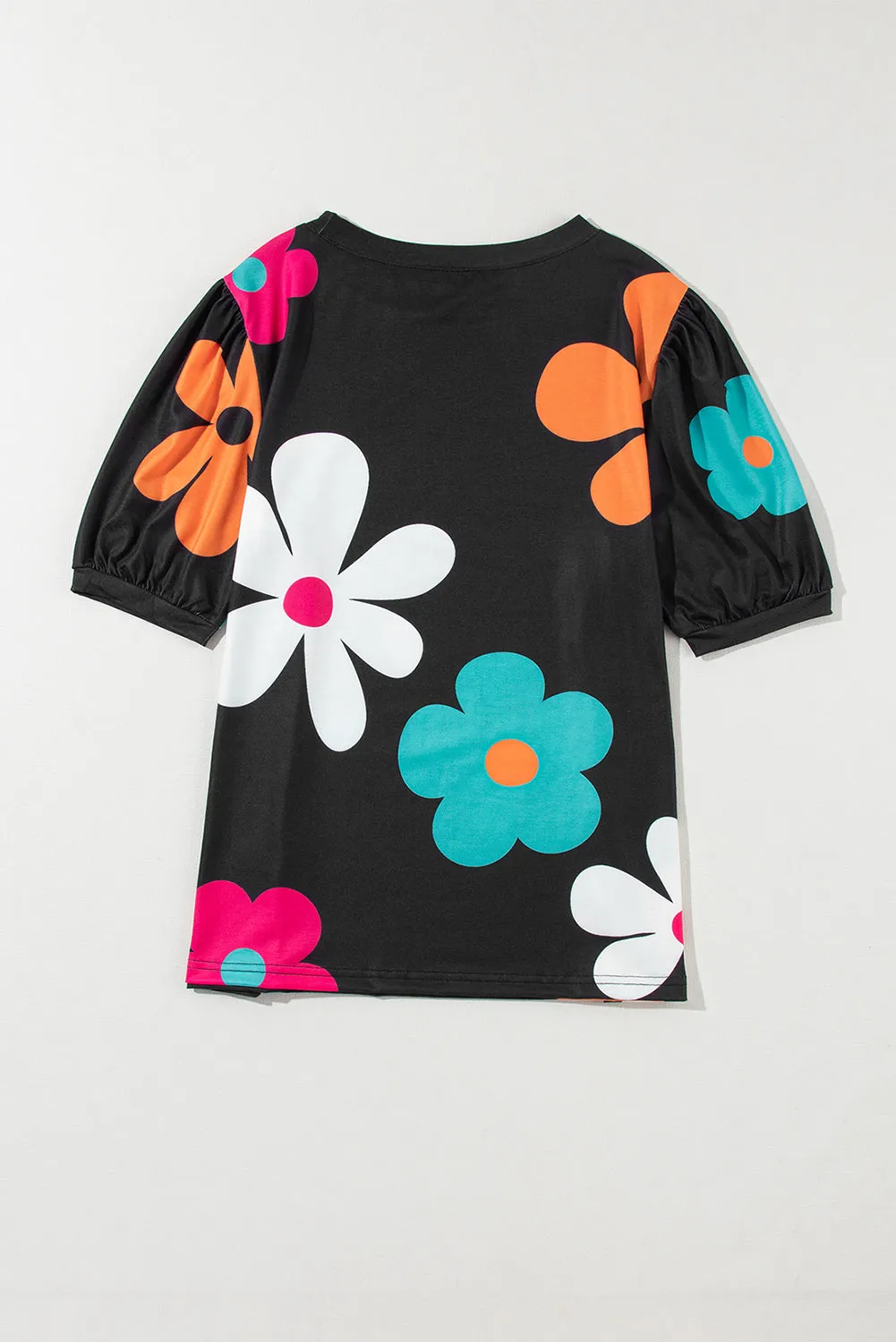 Apricot Colorful Flower Print Bubble Sleeve Tee