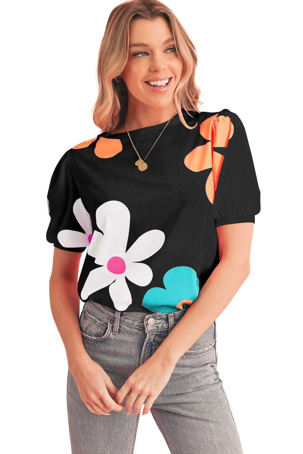 Apricot Colorful Flower Print Bubble Sleeve Tee