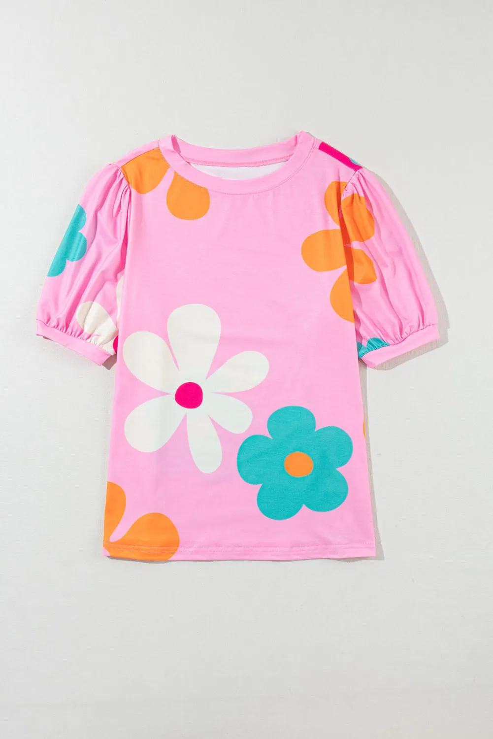 Apricot Colorful Flower Print Bubble Sleeve Tee