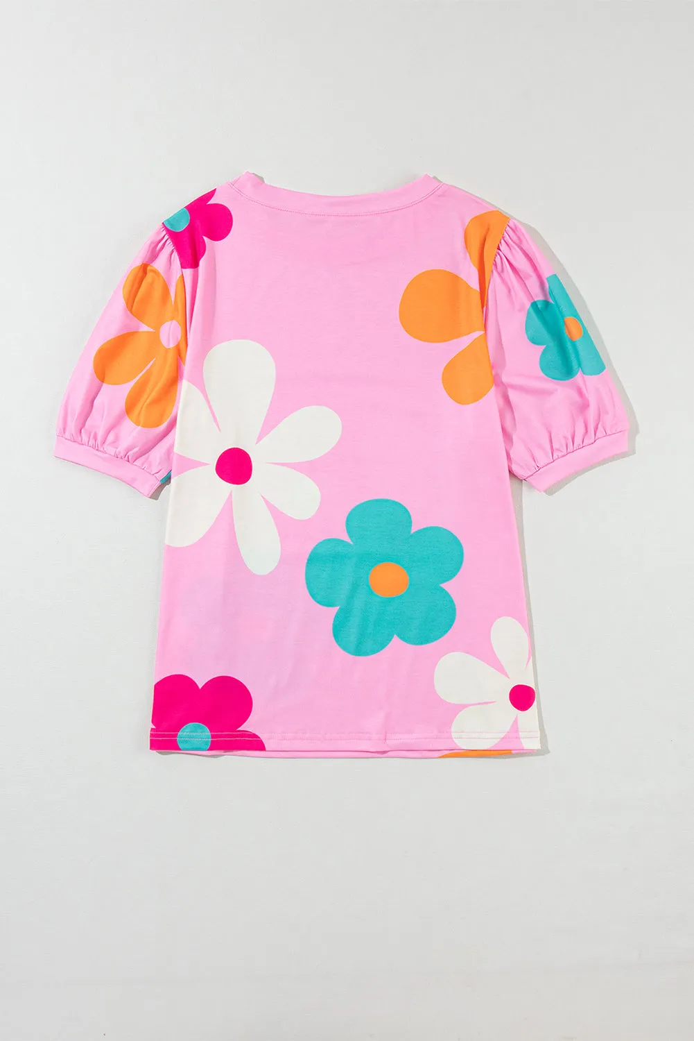 Apricot Colorful Flower Print Bubble Sleeve Tee