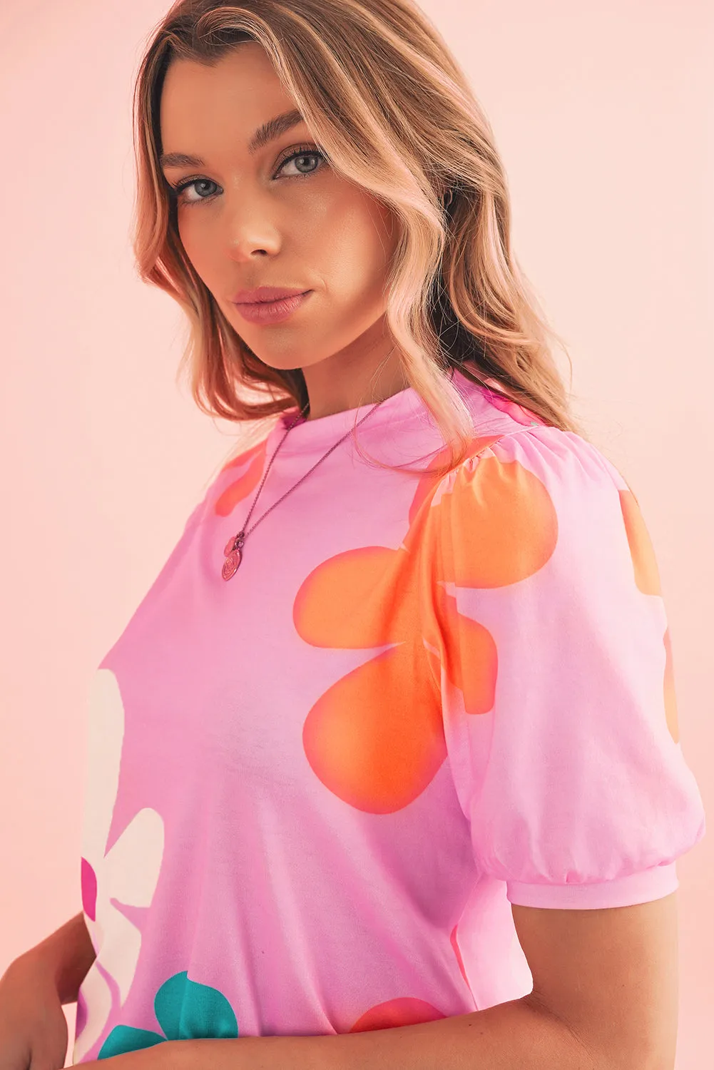 Apricot Colorful Flower Print Bubble Sleeve Tee