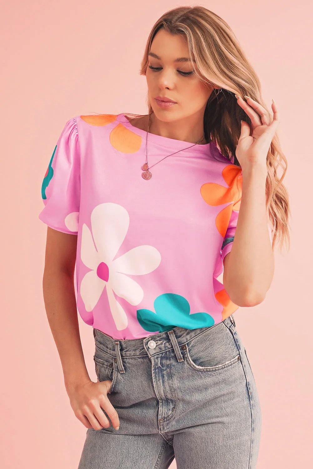 Apricot Colorful Flower Print Bubble Sleeve Tee