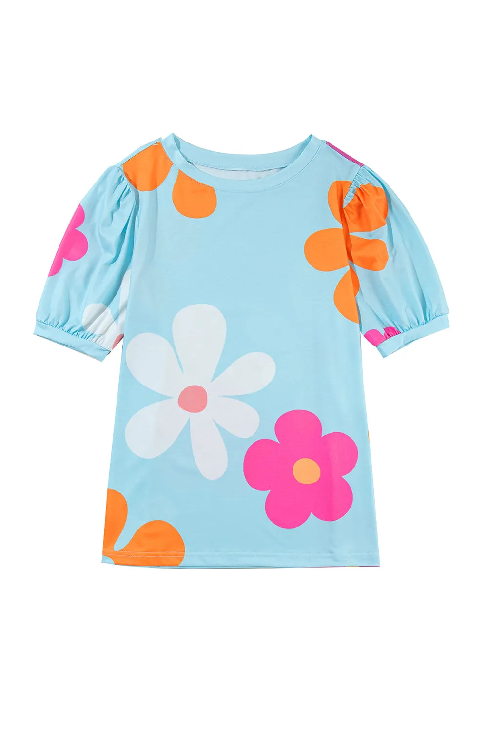 Apricot Colorful Flower Print Bubble Sleeve Tee