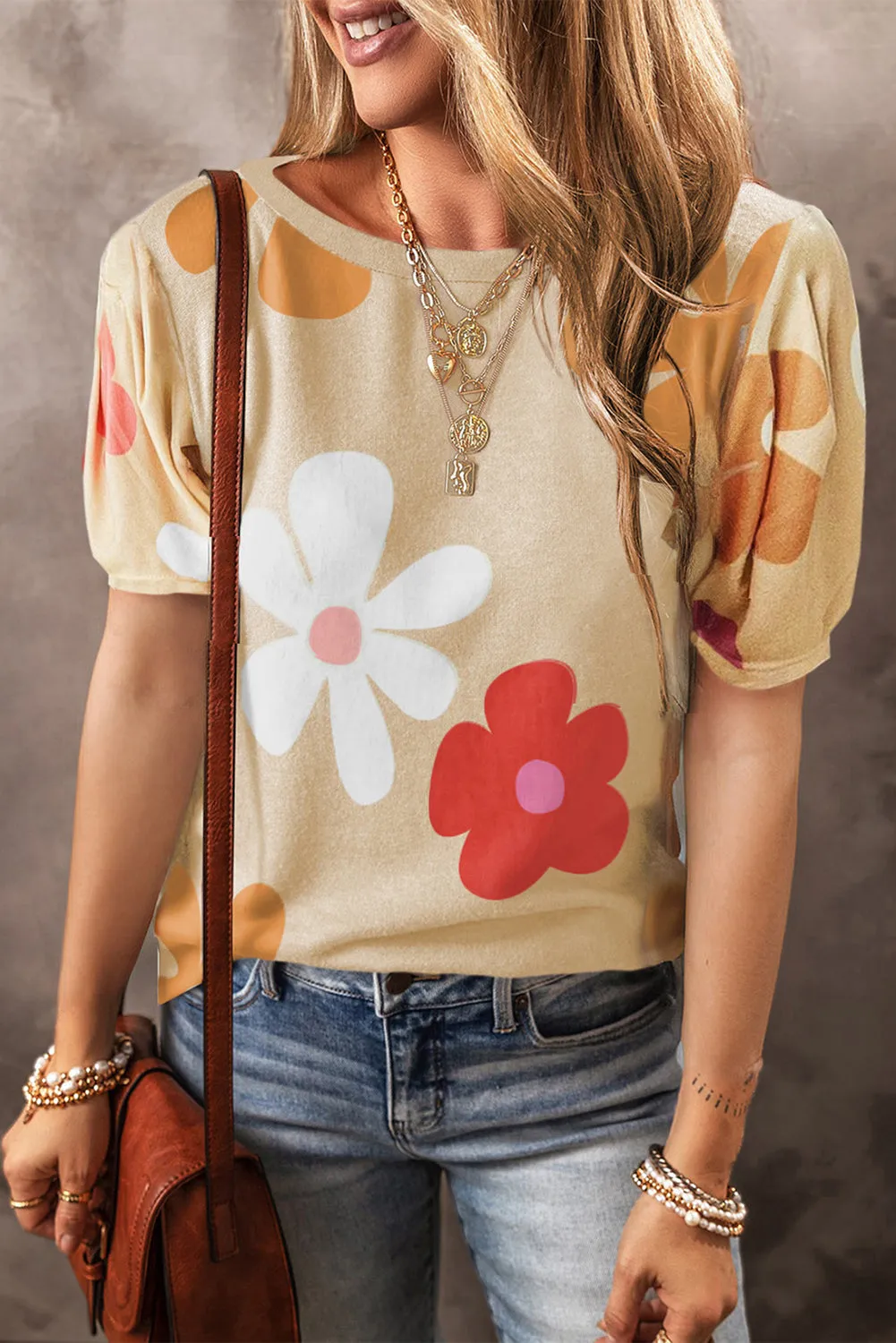 Apricot Colorful Flower Print Bubble Sleeve Tee