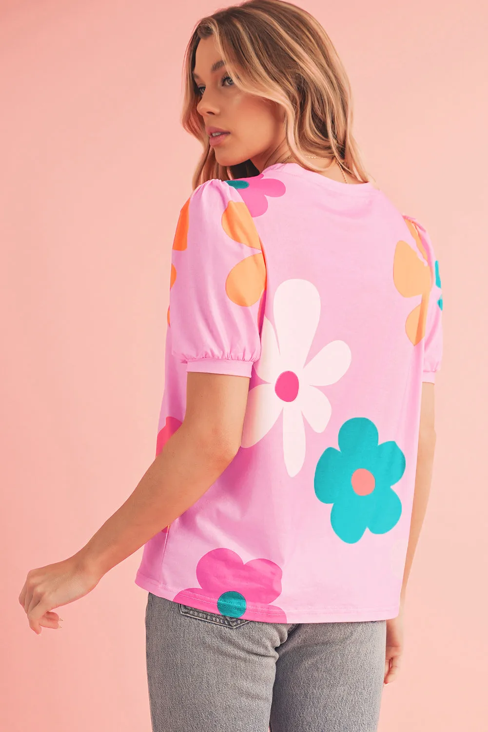 Apricot Colorful Flower Print Bubble Sleeve Tee