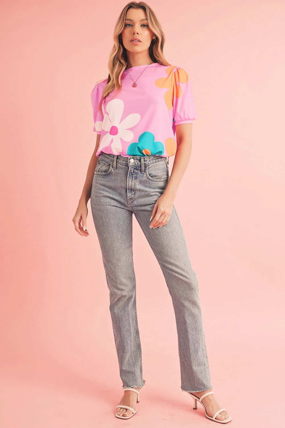 Apricot Colorful Flower Print Bubble Sleeve Tee