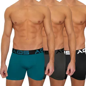 AQS Mens Black/Teal/Grey Boxer Briefs Three-pack of mens long boxer briefs