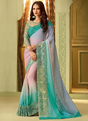 Aqua Blue And Pink Shaded Minimalist Embroidered Saree