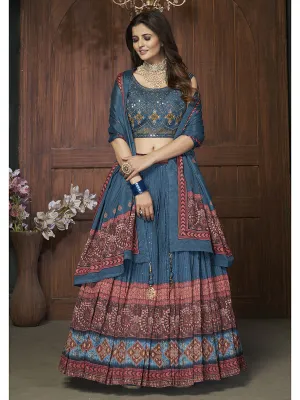 Aqua Blue Chinon Embroidered Designer Lehenga