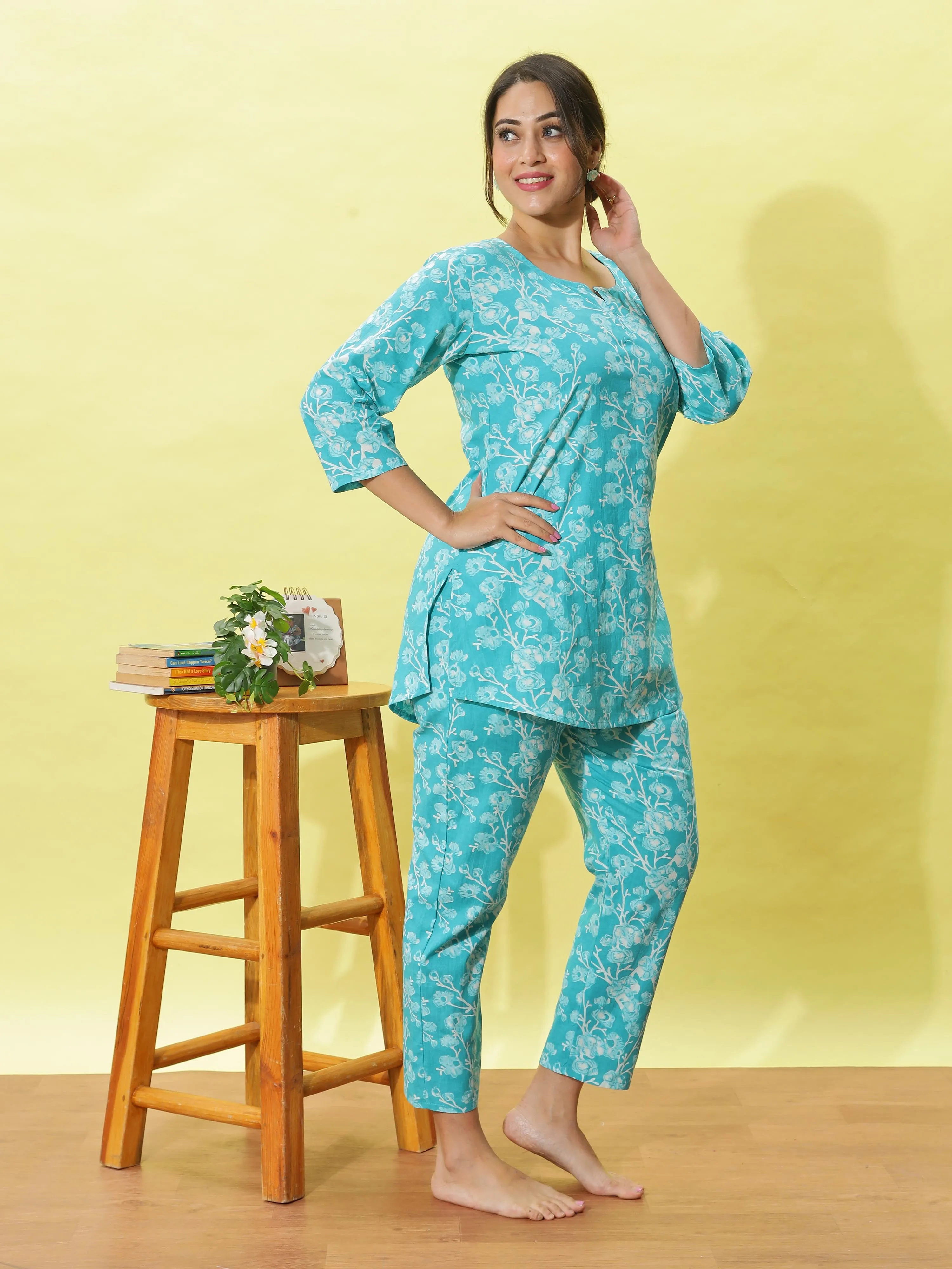 Aqua Blue Cotton Pyjama Set for Women Floral Nightwear & Loungewear