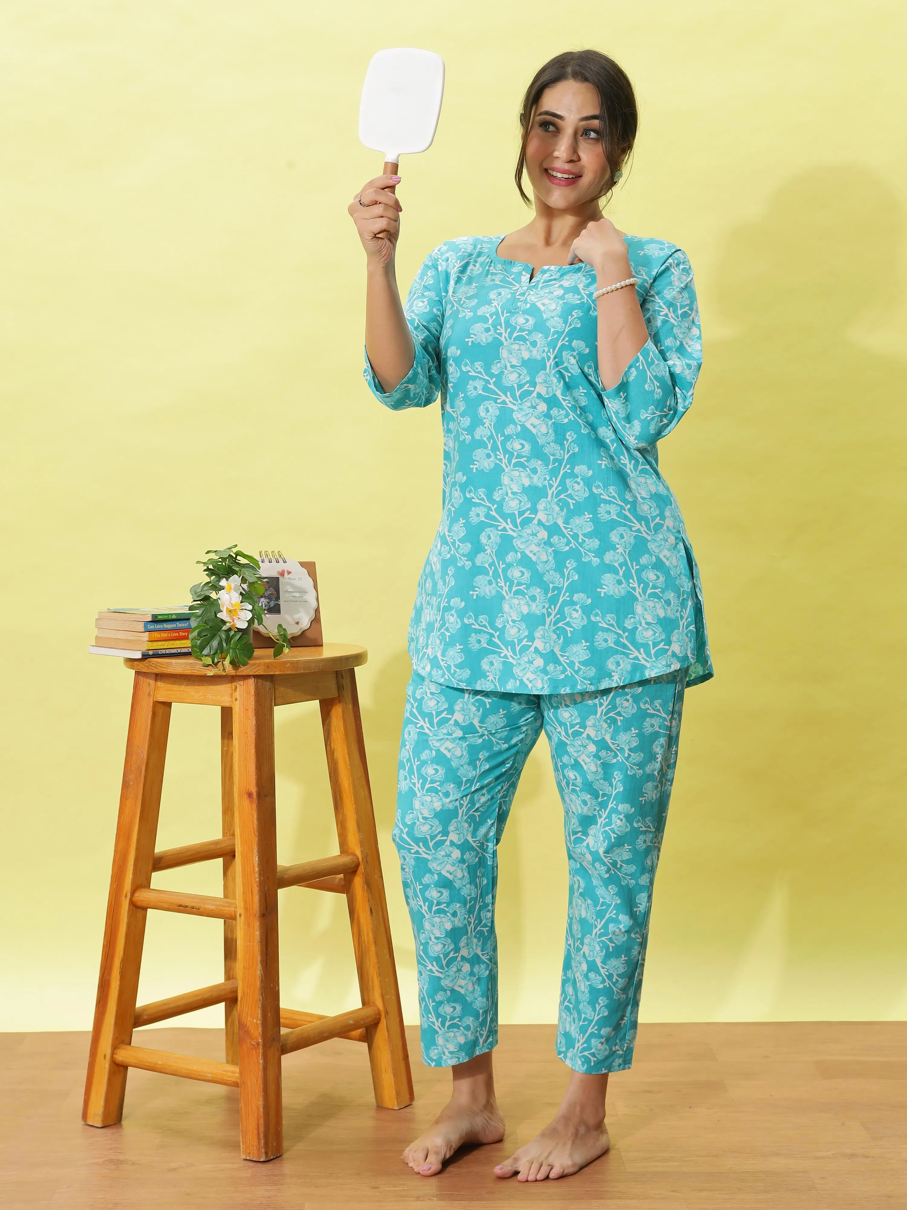 Aqua Blue Cotton Pyjama Set for Women Floral Nightwear & Loungewear